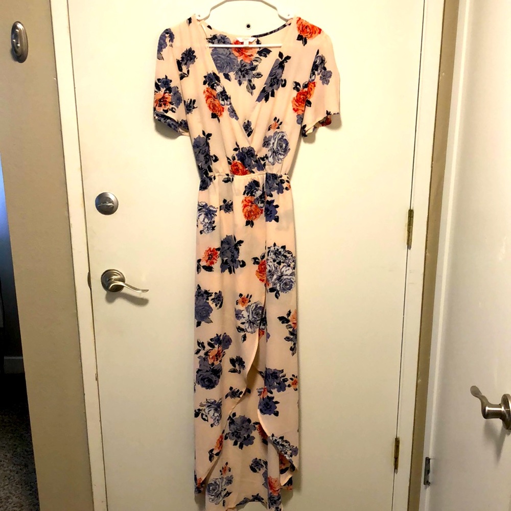 Candies, medium size long dress with shorts attached under dress. Pink floral.